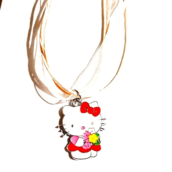Hello Kitty Holding Flower Bouquet Wearing Red Dress Ribbon Necklace - Picture 3 of 7